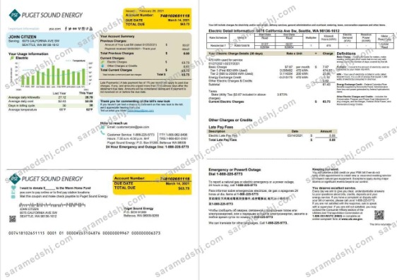USA Washington Puget Sound Energy utility bill template in Word and PDF format, 2 pages, version 2